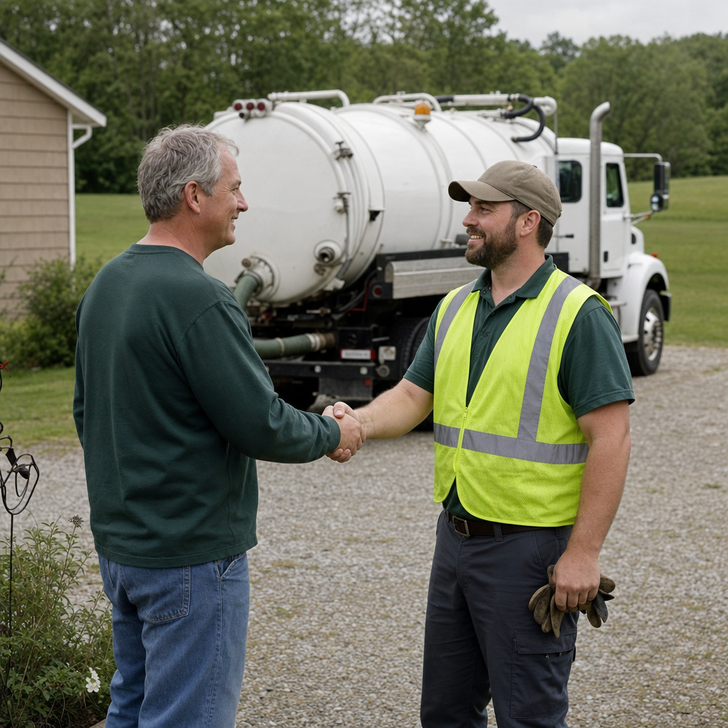 A septic technician shaking a West Jordan homeowner's hand beside the service truck after a completed pump-out