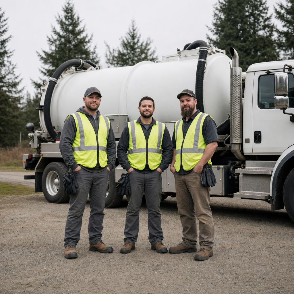 The West Jordan septic pumping crew standing together beside their clean white vacuum truck on a residential street