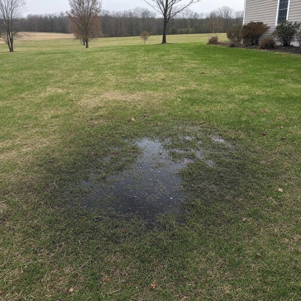 A dark, saturated wet spot in a West Jordan backyard lawn marking a failing cesspool at capacity