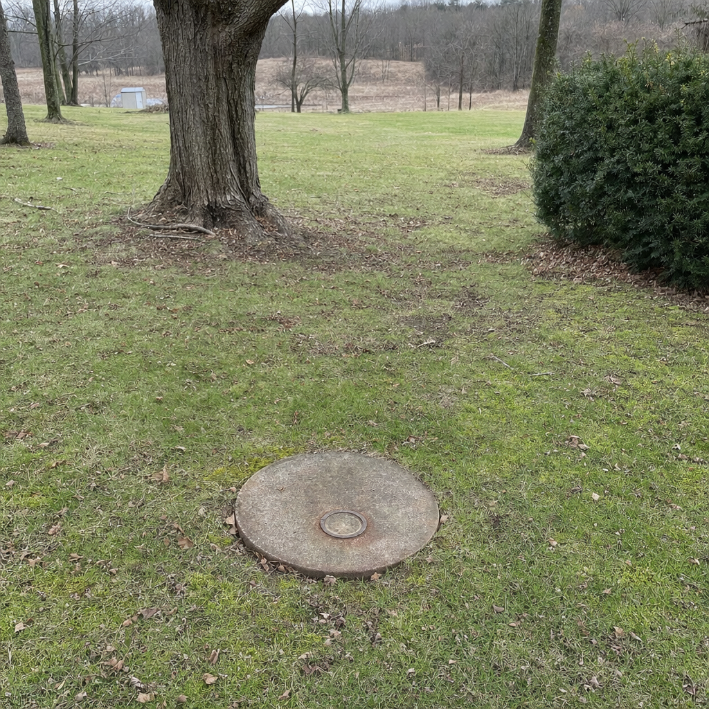 An older round cesspool access lid set flush in an established, mature West Jordan backyard lawn
