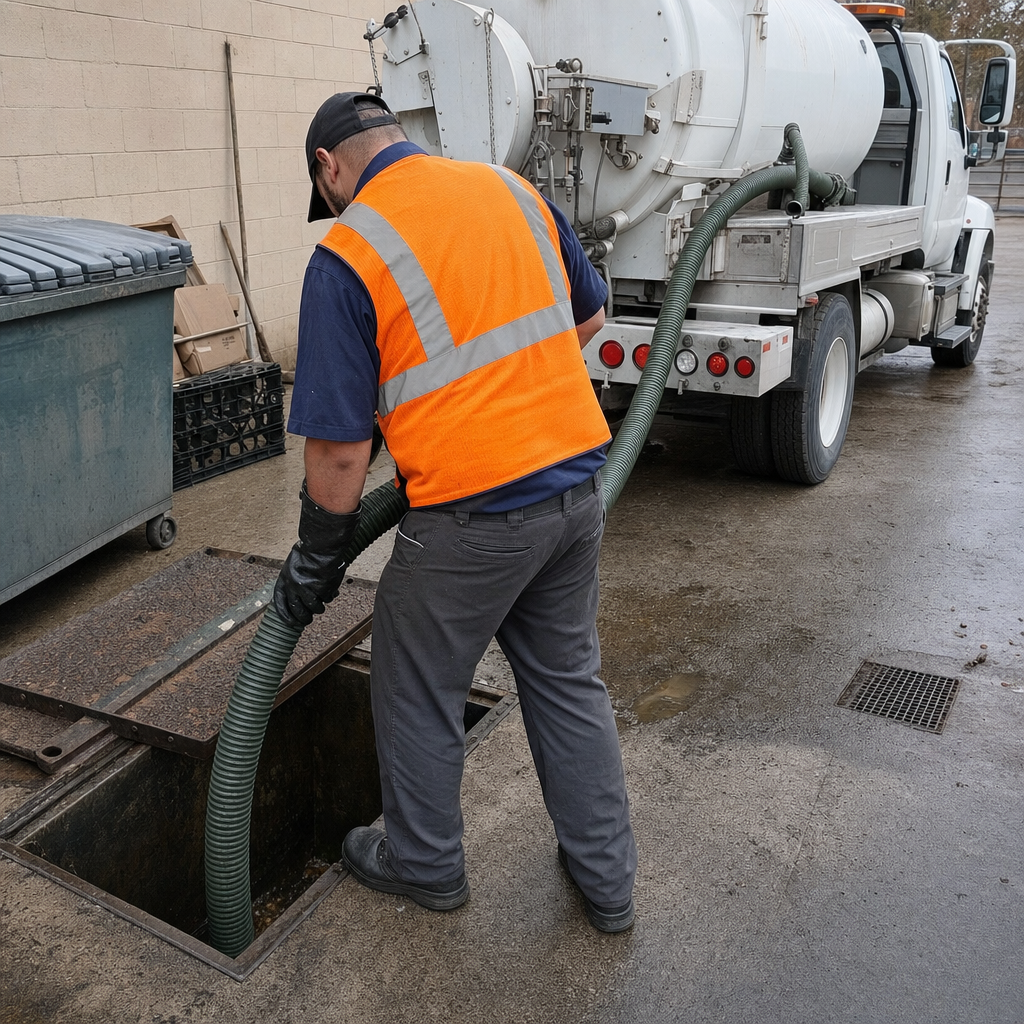 Technician pumping a grease trap behind a West Jordan restaurant