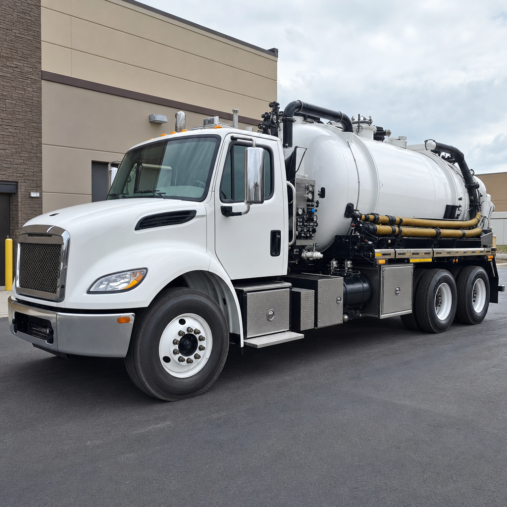Commercial septic vacuum truck parked in a West Jordan business parking lot