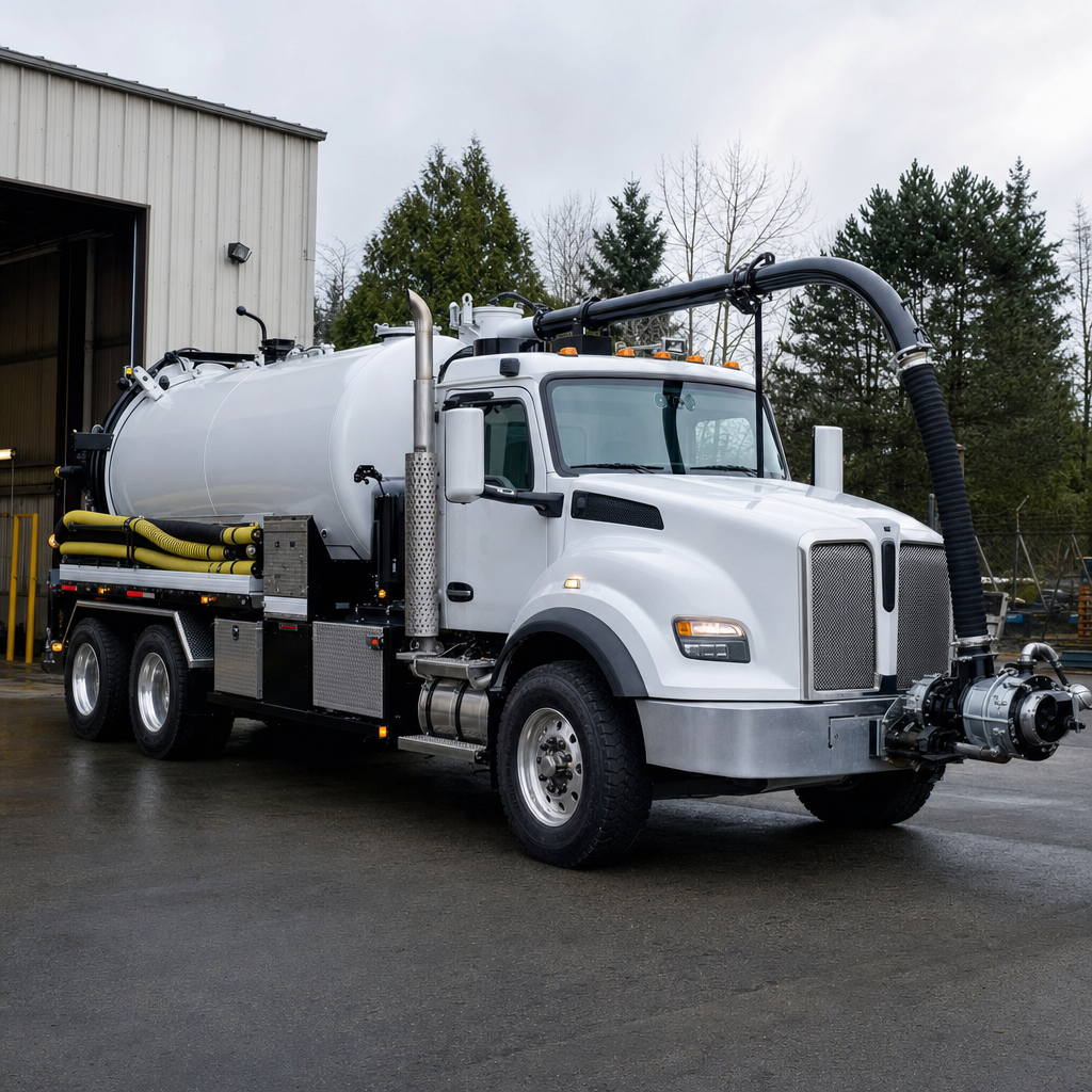 A clean white septic vacuum truck rolling out of a tidy West Jordan service depot at the start of the day