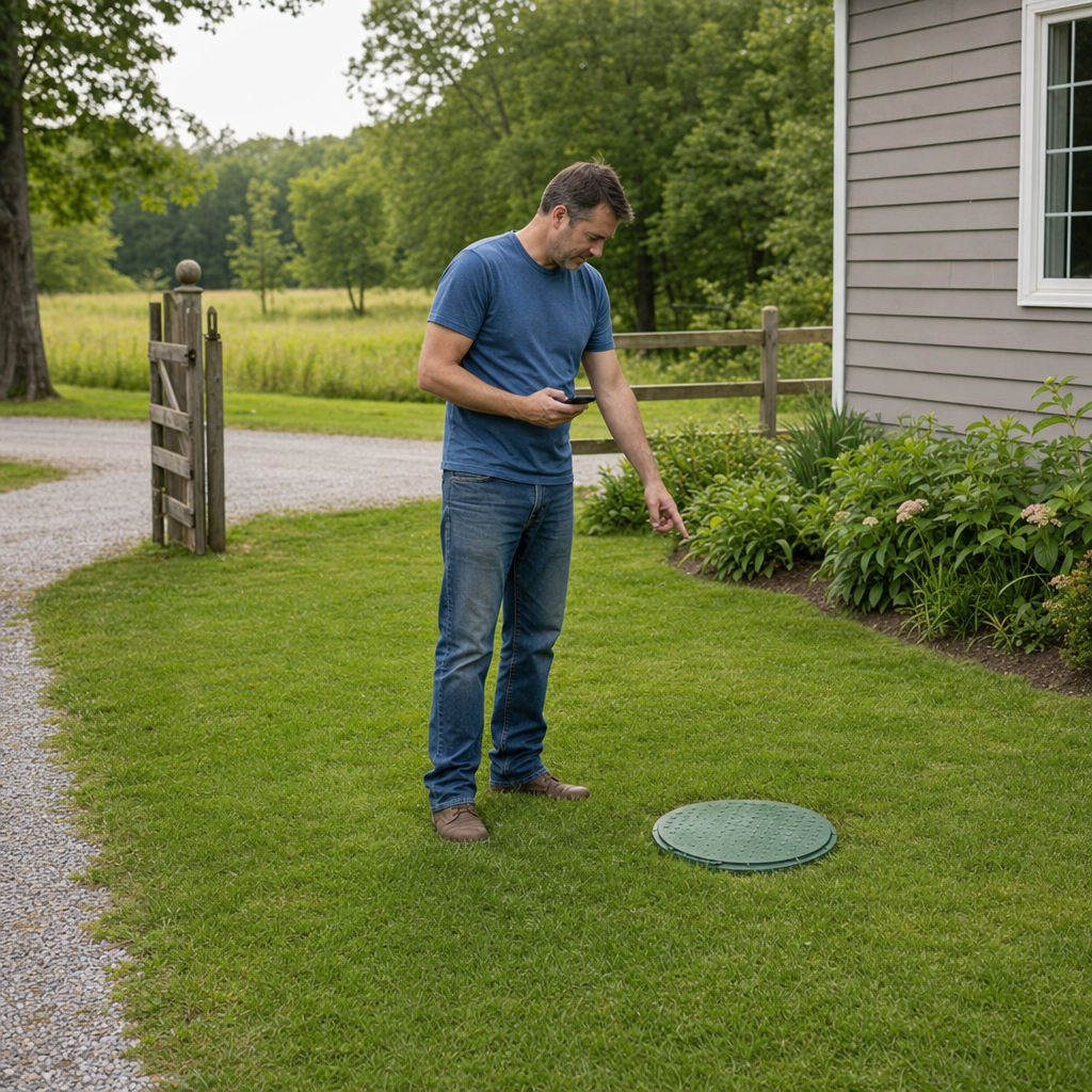 A West Jordan-area homeowner standing in the backyard noting where the septic tank lid and access route are located