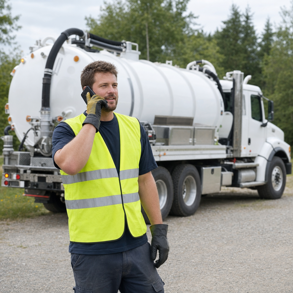 A friendly septic dispatcher holding a phone, ready to answer a West Jordan homeowner's call about a pump-out