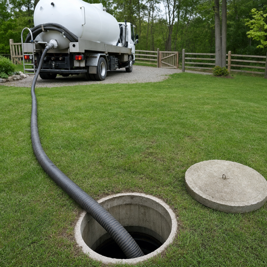 Suction hose connected to an open septic tank, drawing it down in a tidy West Jordan yard