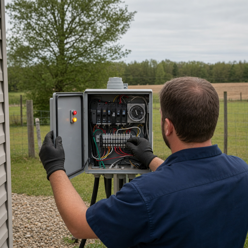 Technician checking an aerobic septic control box with a lit red high-water alarm during a same-day West Jordan visit
