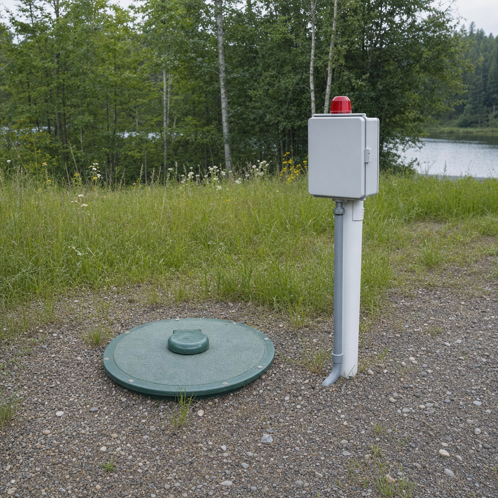 A wastewater holding tank access lid set in the ground at a rural West Jordan-area cabin, with a mounted high-level float alarm panel nearby
