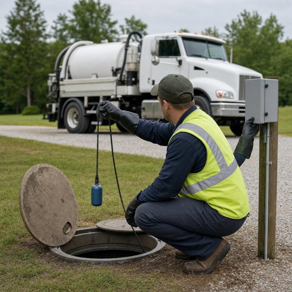 A septic technician in a high-visibility vest checking a high-level float switch and alarm panel on a holding tank at a rural West Jordan-area site