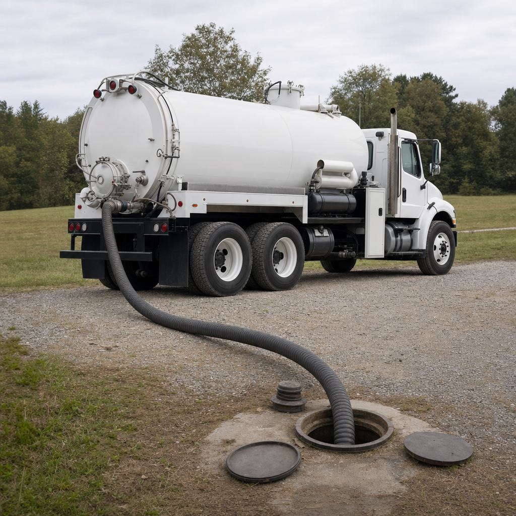 An unmarked white vacuum truck emptying a wastewater holding tank on a scheduled visit at a rural West Jordan-area property, thick suction hose running to the tank lid