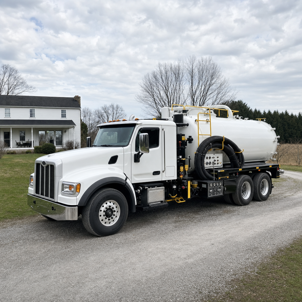 A clean white septic vacuum truck parked on a tidy West Jordan driveway with the suction hose neatly coiled