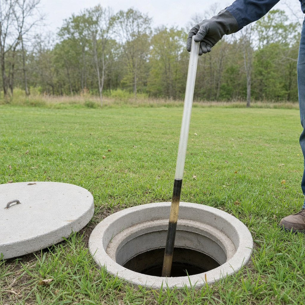 A septic sludge-judge measuring stick lowered into an open West Jordan septic tank to read the depth of the sludge and scum layers before deciding whether a pump-out is due