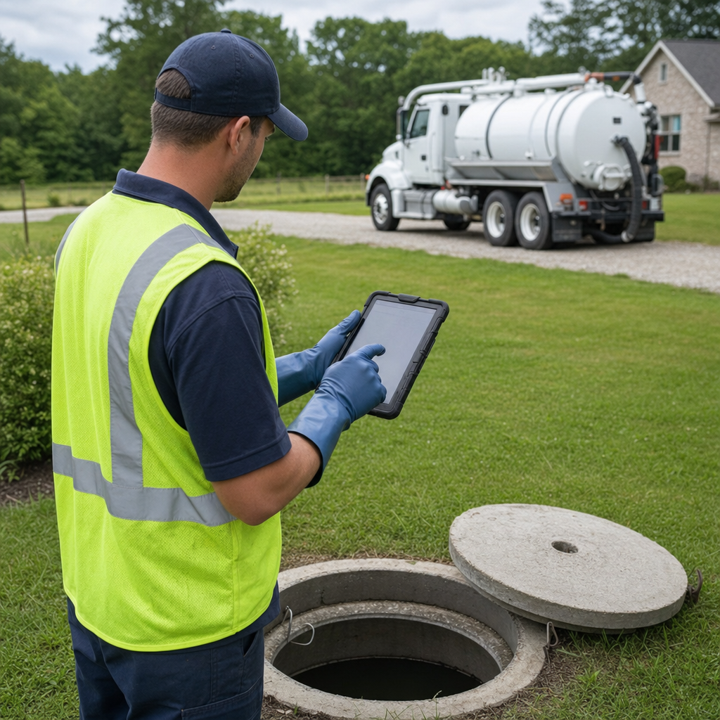 A septic technician recording a West Jordan home's pump-out date and tank condition on a tablet beside an open access lid, tracking the service history that sets the next due date