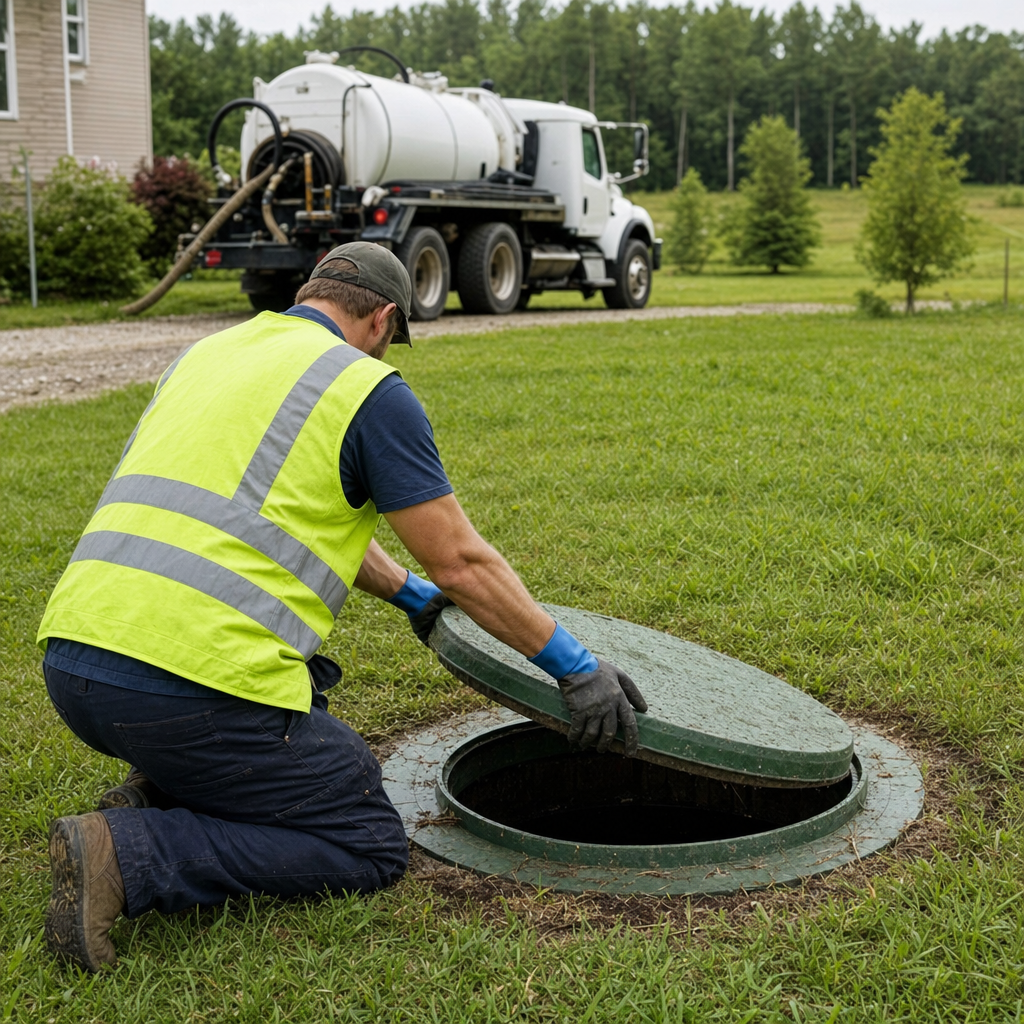 Septic technician kneeling on a West Jordan lawn, lifting the access lid on a residential septic tank