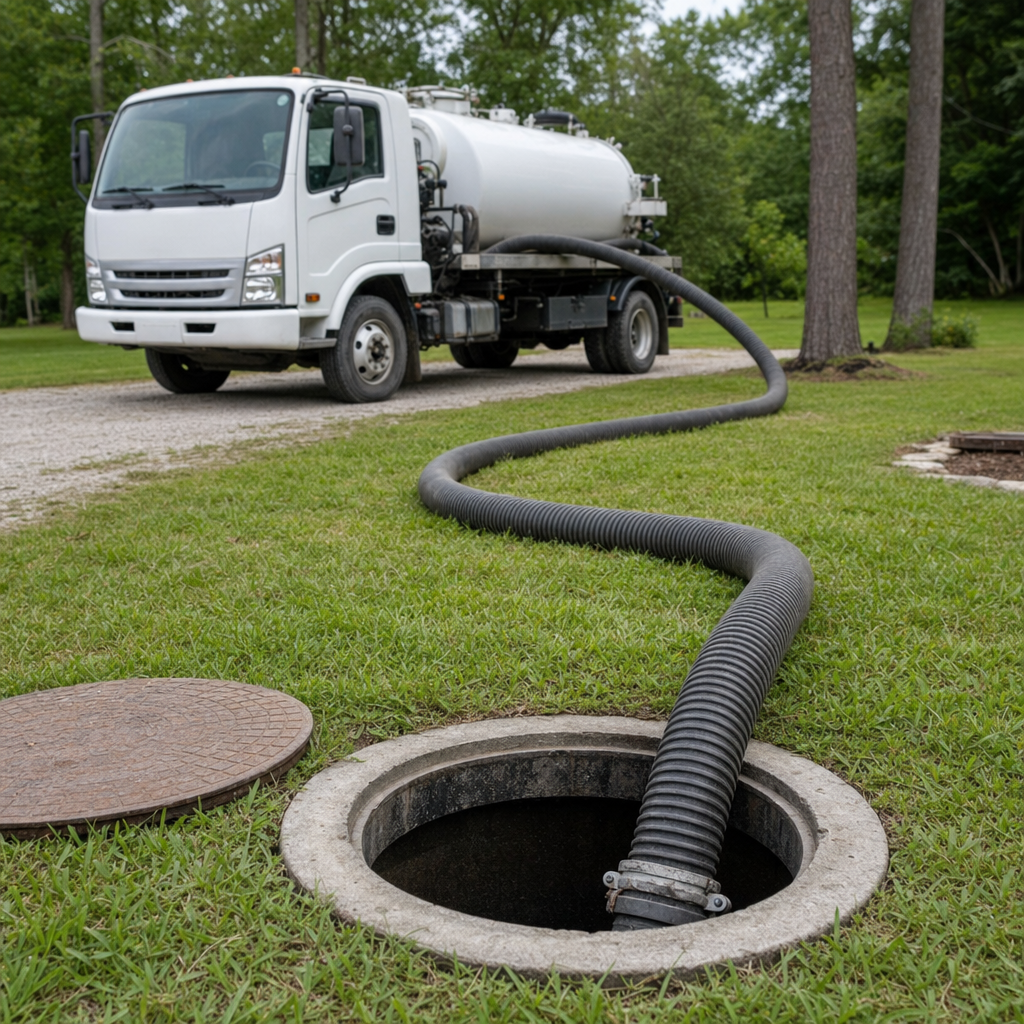 Thick ribbed suction hose lowered into a clean open septic tank port on a tidy West Jordan backyard lawn