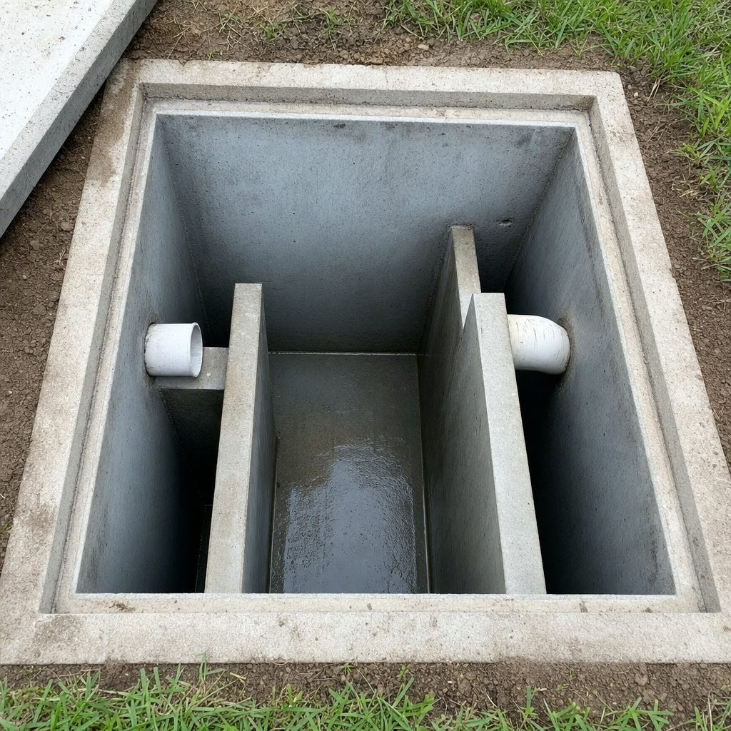 Inspection of the concrete baffles inside an open, emptied and freshly cleaned West Jordan septic tank