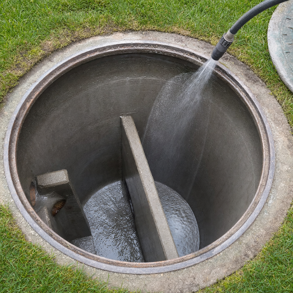 Interior concrete walls of an emptied West Jordan septic tank being rinsed clean with the truck's onboard water hose