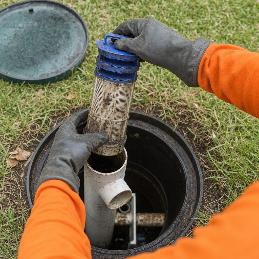 Septic technician's gloved hands lifting the effluent filter cartridge out of the outlet housing on a West Jordan septic tank
