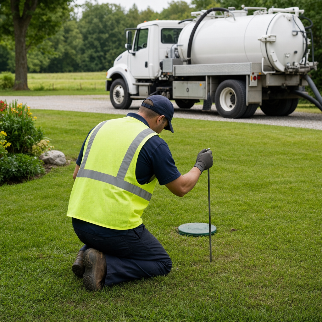Septic technician kneeling on a West Jordan lawn, probing to locate and measure the depth of a buried septic tank lid before pumping