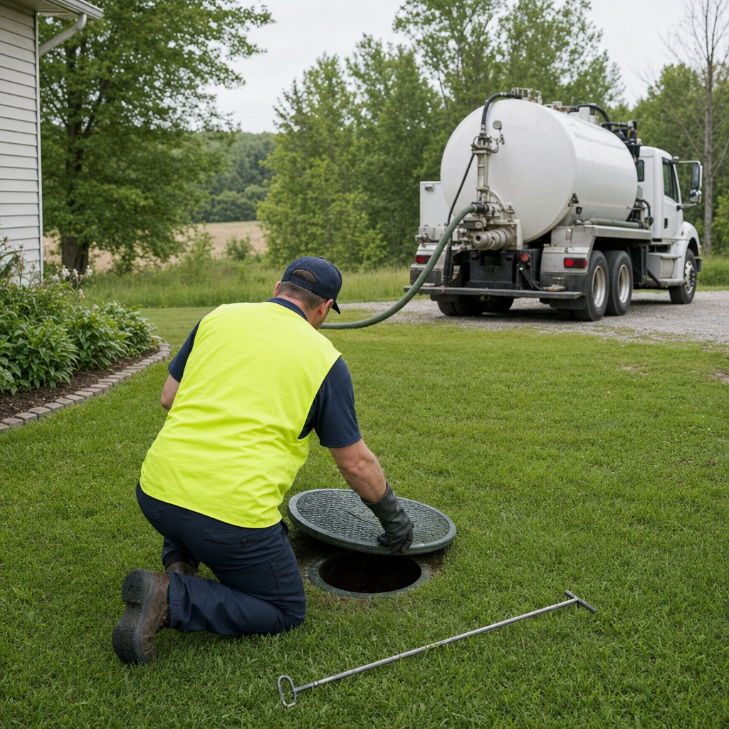 Septic technician kneeling on a West Jordan lawn, lifting the buried access lid on a residential septic tank