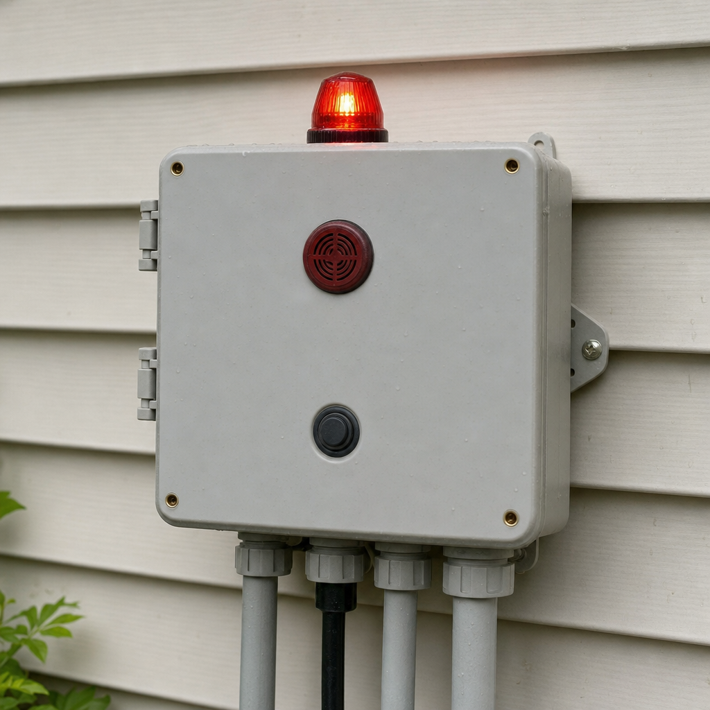 An aerobic septic system control panel mounted outside a West Jordan home with its red high-water alarm light lit