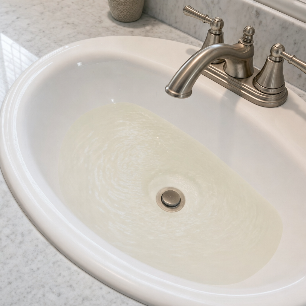 A bathroom sink draining slowly with water pooled in the basin, an early warning sign that a West Jordan septic tank is full